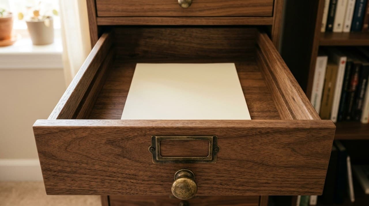Blank cream paper in a walnut filing cabinet drawer